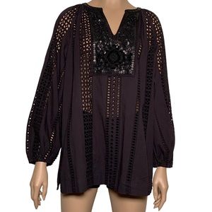 CHICO'S Womens Black Eyelet Tunic Blouse 100% Cotton Beads Sequin Trim US 8/10